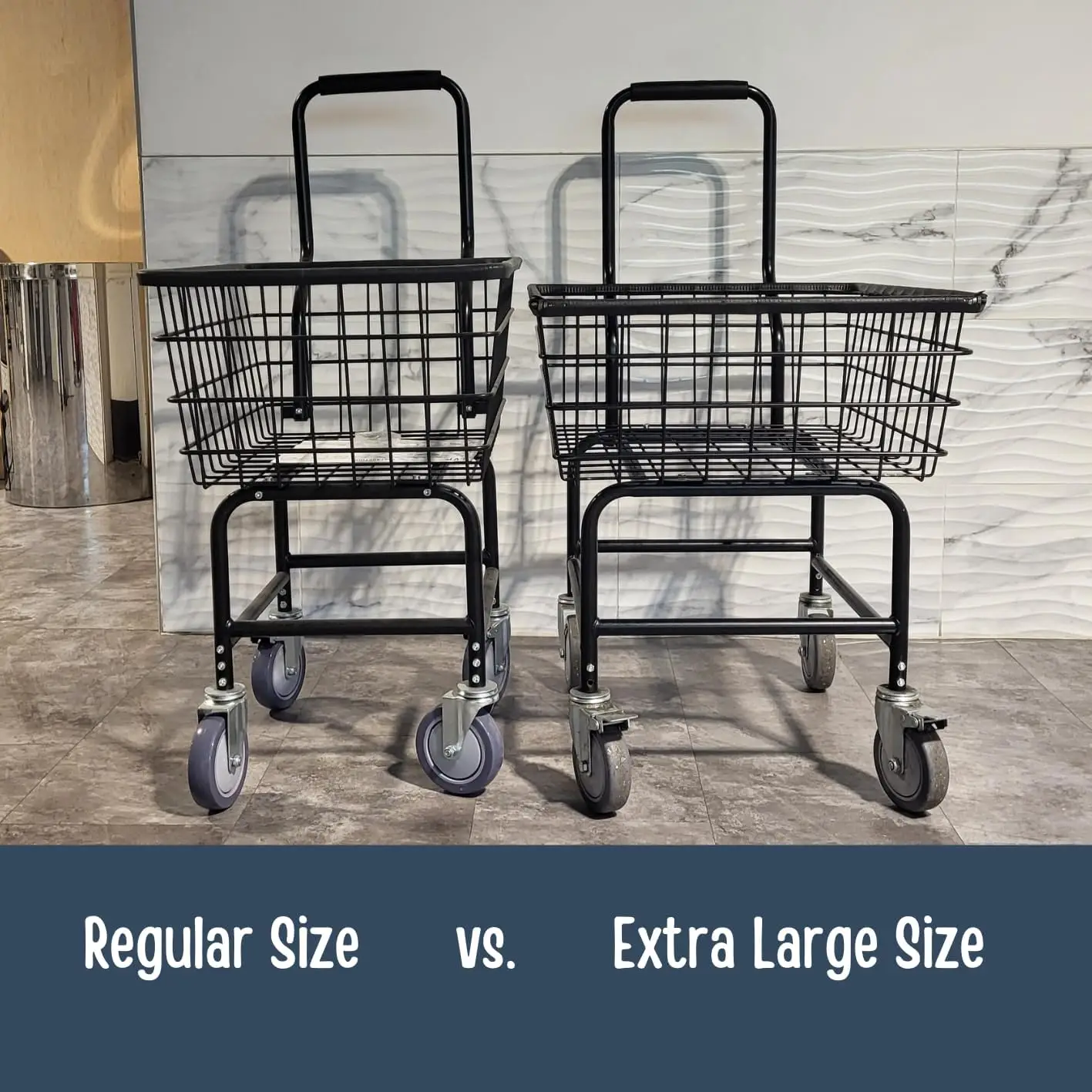 Side-by-side comparison of regular and extra-large Laundry Vending Products Work Horse carts