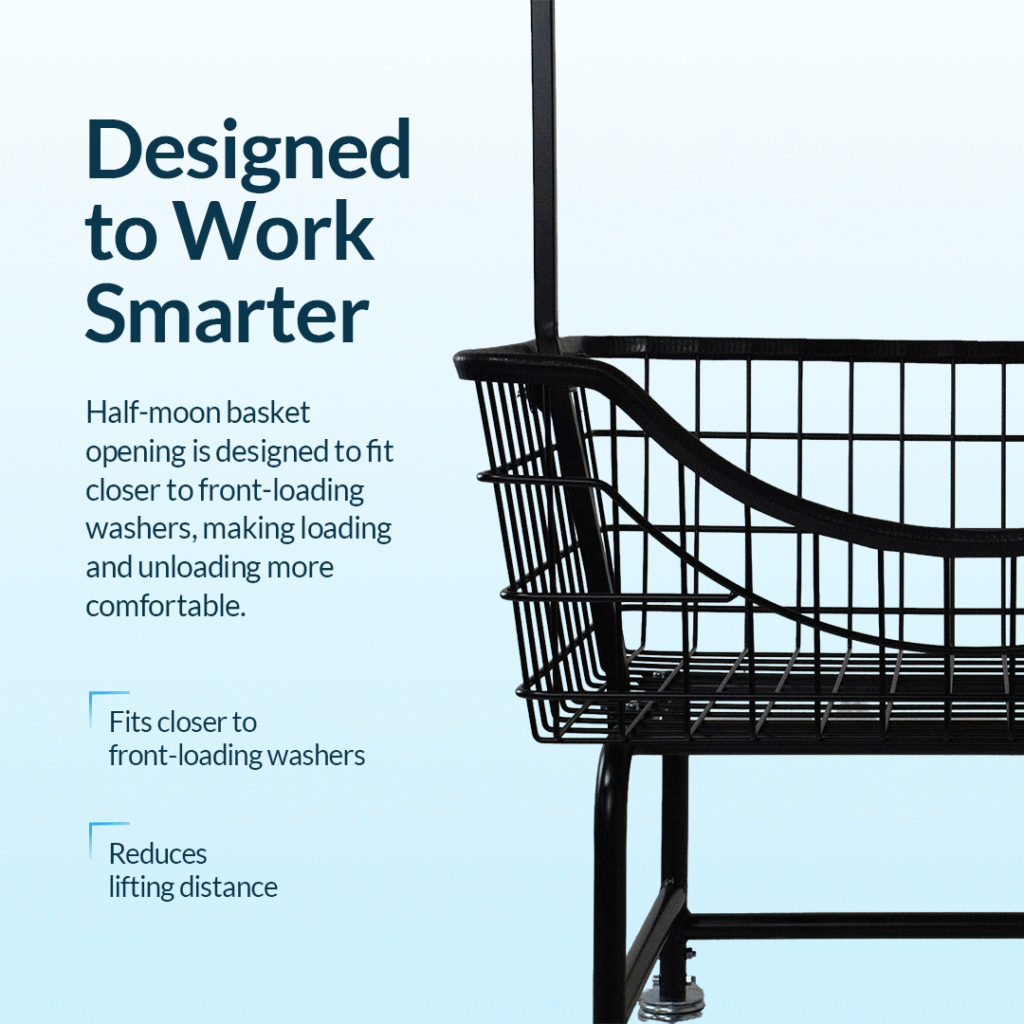 Laundry cart basket with half-moon opening for front-load washers