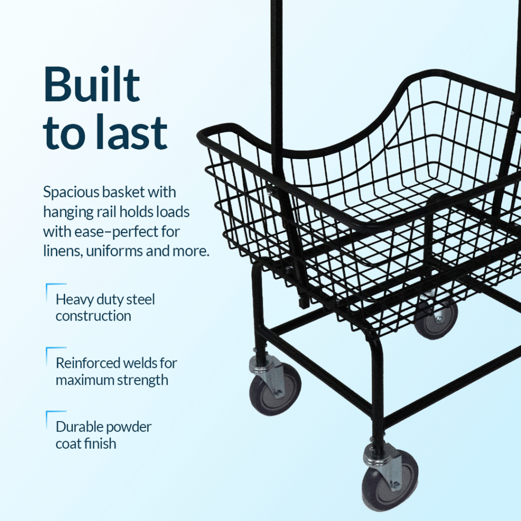 Steel laundry cart with hanging rail and locking caster wheels