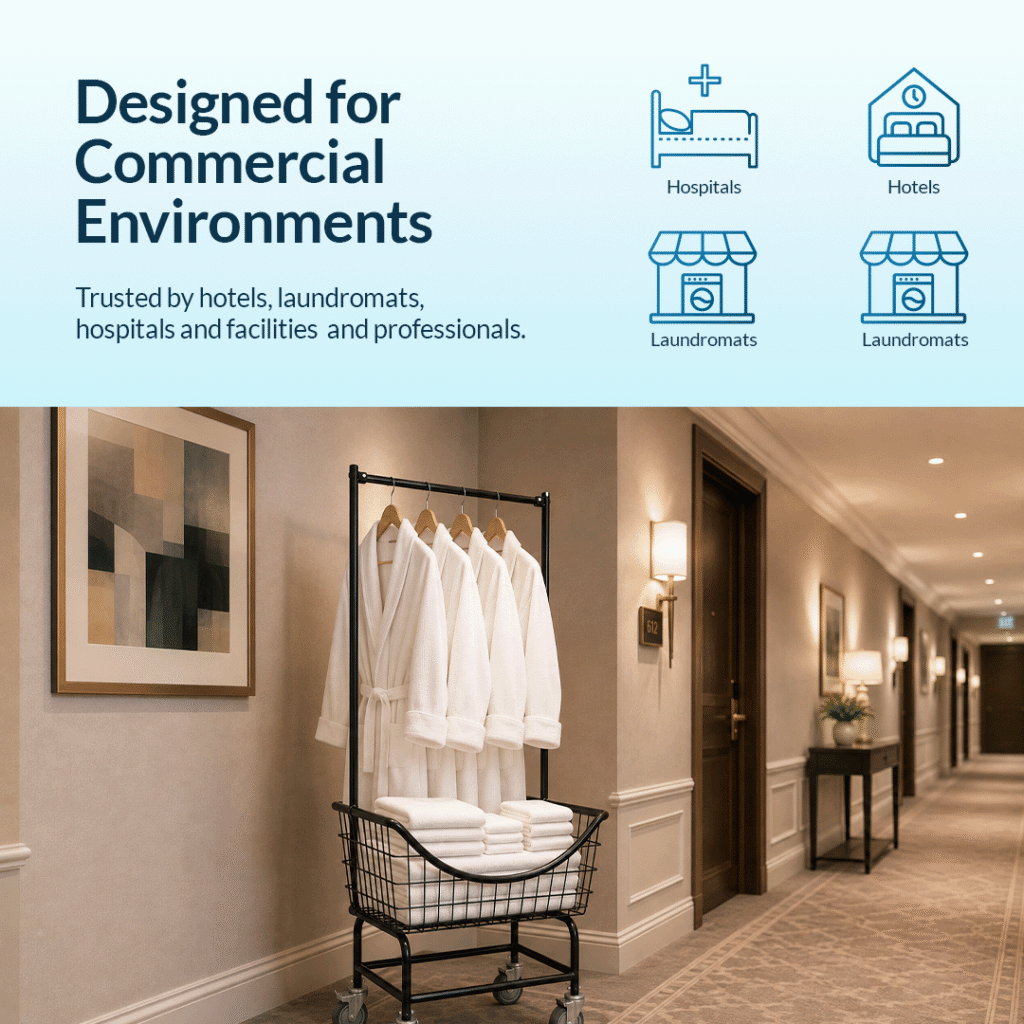 Laundry cart with towels and robes in a hotel hallway